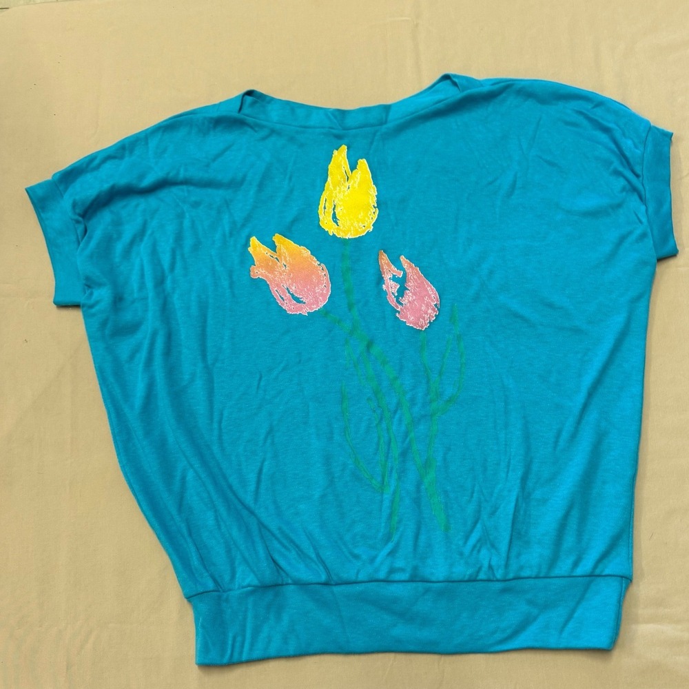 Vintage Ginnis Girl Retro 80s 90s Top Turquoise Tulip Graphic Cottagecore Medium